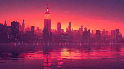 Obraz premium New York skyline at dusk, the city lights reflecting on the water with a colorful sky in the background 