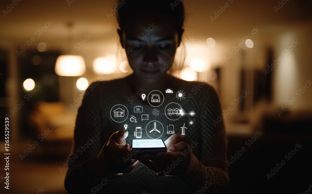 Aufkleber working hands with augmented reality tablet smart home interface, stock photo