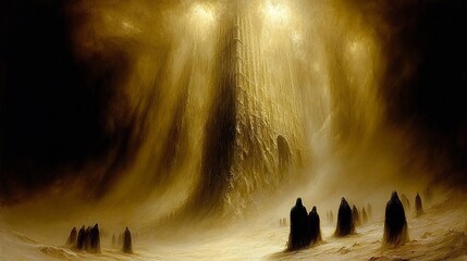 A surreal landscape depicts hooded figures moving toward a waterfall of light.