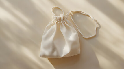 Small white drawstring bag placed on a surface with soft shadows.