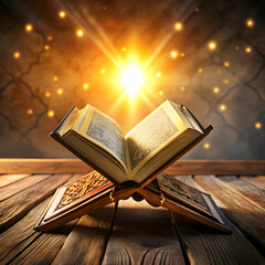 holy quran on wooden table with light beam for ram