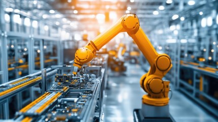 A robotic arm with precise movement assembling circuit boards in a high-tech factory.