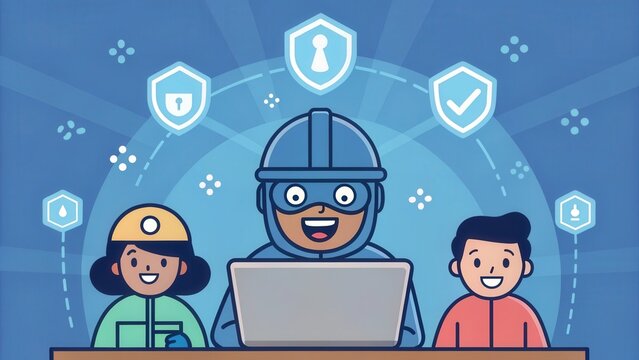 Cybersecurity hero protecting children online. A cartoon illustration of a superhero,  two children and several security icons. 