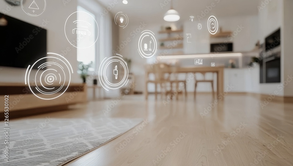 Poster smart home with various connected devices and appliances - internet of things concept, stock
