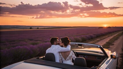 Kissing bride and groom in convertible in lavender field at sunset