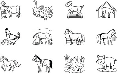 Farm Animals Icons Cow, Goat, Horse, Chicken, Pig, Goose, Farm, Barn, Farmer, Rural