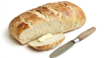 A rustic bread loaf partially sliced with butter and a knife on the side.