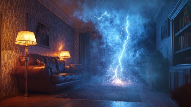 Lightning strikes vintage living room interior