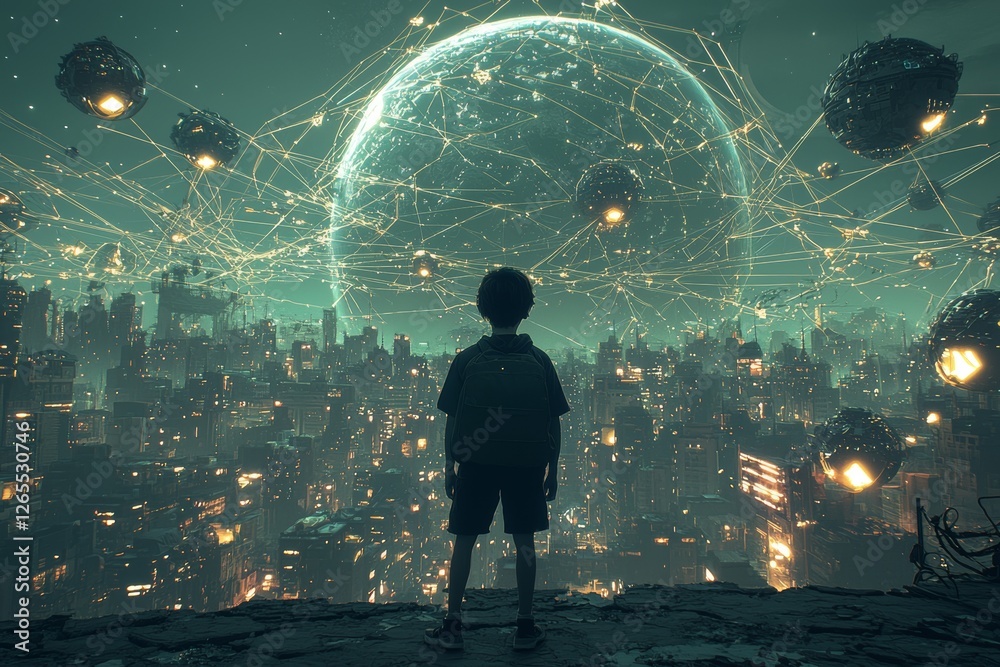 Poster in front of planet earth, a man is holding a technology hologram symbolizing complex information exc