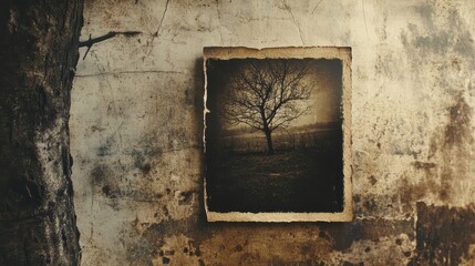 Photograph of a bare tree hangs on a weathered wall