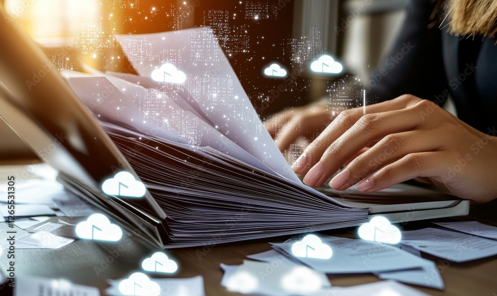 Poster The concept of an online documentation database and document management system with a businesswoman working on a laptop using a virtual screen for file management. Process automation to ensure file