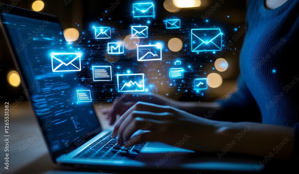 Poster An online document management system and document database concept. Businesswoman working on a laptop with a virtual screen.
