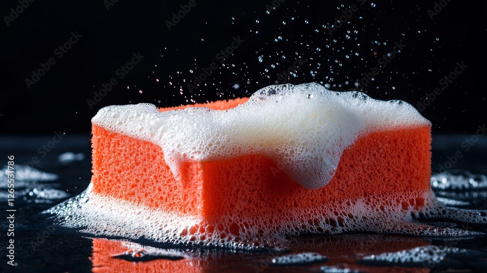 Poster An isolated red sponge in foam with bubbles and a soap foam isolated on a black background