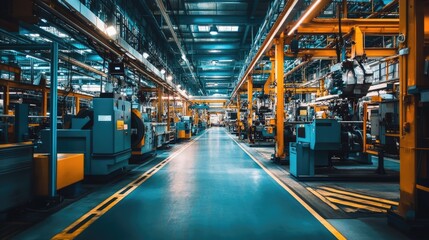 Fototapeta premium A spacious assembly plant with bright lighting and metallic floors.