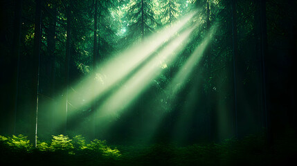 Sunbeams in a Dark Green Forest
