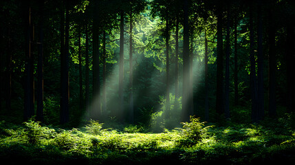 Obraz premium Sunbeams in a Lush Green Forest