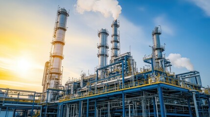 Fototapeta premium A sprawling chemical plant with intricate pipe networks and steam rising.