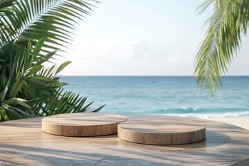 Fototapeta premium Display and presentation podium with tropical summer beach on the background