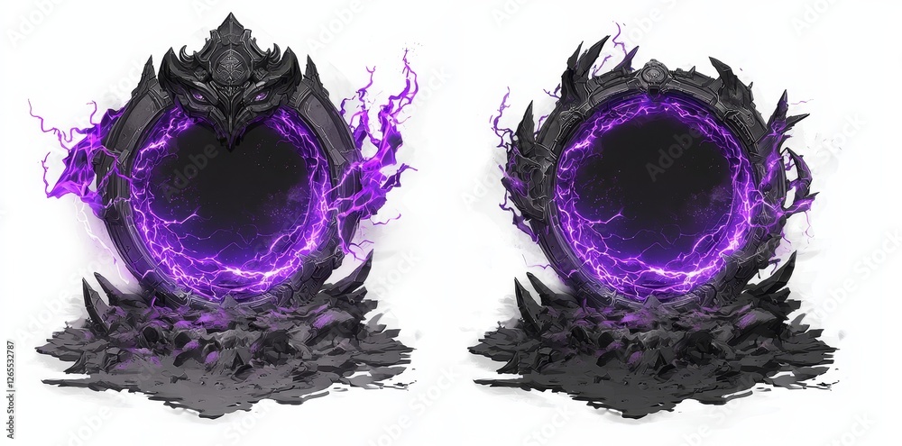 Poster round frame decorated with electric green lightning and plasma portal, isolated on black or transpar