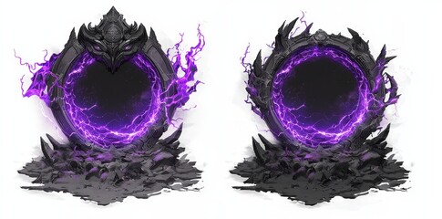 Round frame decorated with electric green lightning and plasma portal, isolated on black or transparent layer overlay.