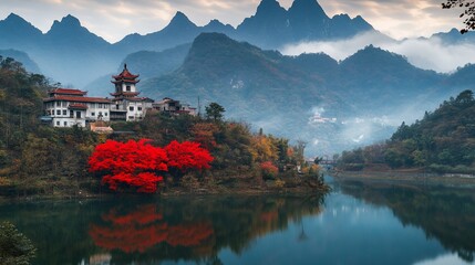 Fototapeta premium Autumnal Village, Mountain Lake Reflection, China
