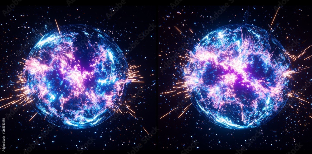 Poster an abstract orb shape with a particle energy burst visual effect, isolated on a black and alpha tran