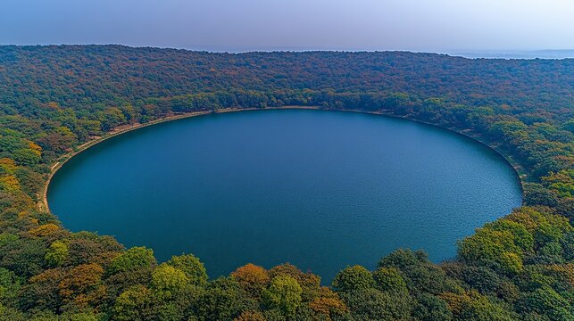 An aerial shot shows a crater lake surrounded by lush forest - Powered by Adobe