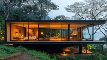 Fototapeta premium Modern glass house on hillside overlooking lake at dusk