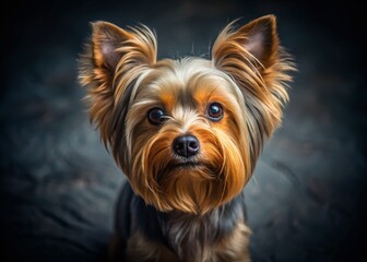 Naklejka premium Adorable Fluffy Yorkshire Terrier Dog Portrait - Dark Background, Selective Focus