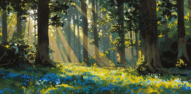Sunlight Streams Through a Forest of Lush Trees and Vibrant FlowersSunlight Streams Through a Forest of Lush Trees and Vibrant Flowers