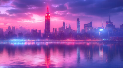 Fototapeta premium New York skyline at dusk, the city lights reflecting on the water with a colorful sky in the background 