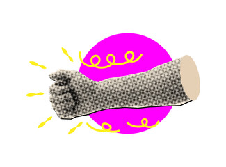 Halftone human hand collage with doodles and another pink shape,retro halftone effect,halftone retro style
