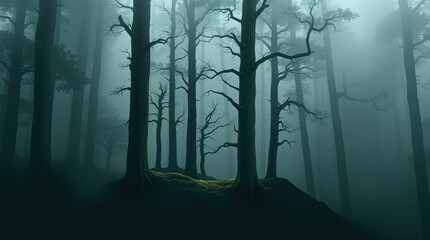 Obraz premium Mysterious Foggy Forest Landscape Dark Trees Nature Scene