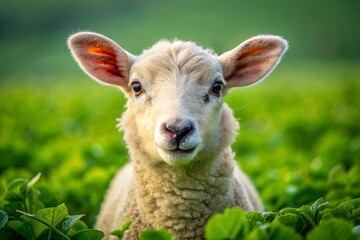 Fototapeta premium Adorable Hampshire Down Lamb Close-Up in Clover Field - Minimalist Stock Photo