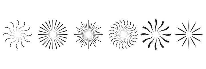 Set of round sunburst, line editable sun frame. Radial circle lines. Firework black explosion.