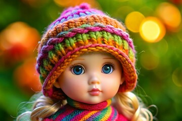 Fototapeta premium Adorable Handmade Knitted Cap Doll - Charming Craft Toy Photography