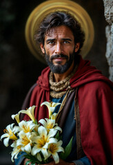 Fototapeta premium Saint Joseph holding a bouquet of lilies
