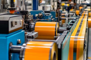 Industrial machinery operates with vibrant orange rolls in a modern manufacturing facility