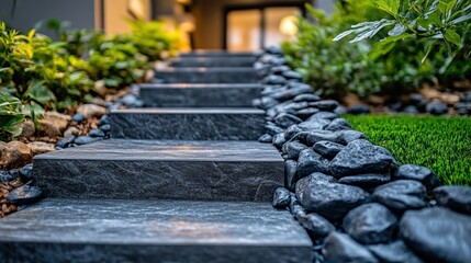 Modern gray stone steps leading to a house with lush landscaping