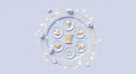 Passover Seder Plate with Symbolic Foods on Lilac Background with Lights