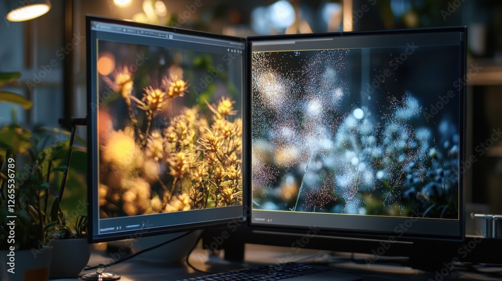 Poster two computer screens showing video editing software adding digital special effects and particles to 