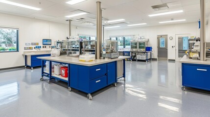 Modern laboratory interior with spacious workstations and high-tech equipment for scientific research