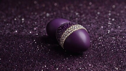 Easter greeting background: Dark purple glitter surface with dark purple Easter eggs decorated with rhinestones