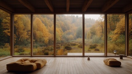 Obraz premium Autumnal forest view from minimalist wooden house