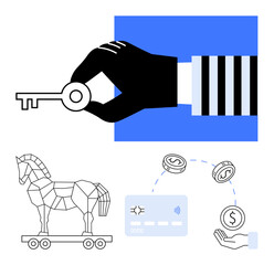 Hand holding key, robotic Trojan Horse, payment card processing money with coins falling. Ideal for cybersecurity, online fraud, information security, digital transactions, financial safety, cyber