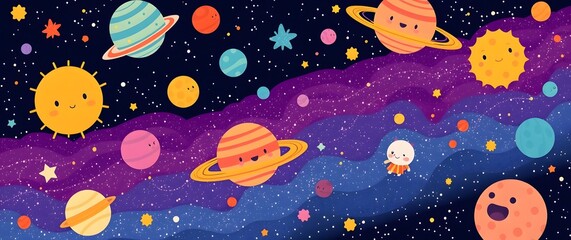 An illustrative galaxy wallpaper featuring stylized celestial bodies and whimsical characters, rendered in a playful cartoon style with bright, saturated colors.