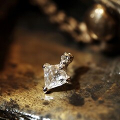 Heart-shaped diamond pendant on rustic metal surface with chain