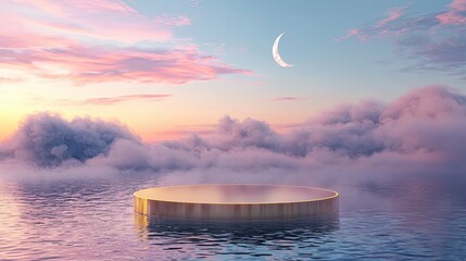 Dreamy surreal landscape with a golden circular platform floating on calm water, surrounded by pastel clouds and a crescent moon in a colorful twilight sky.