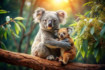 Fototapeta premium Adorable Koala Hugging Teddy Bear on Tree Branch - Cute Wildlife Stock Photo