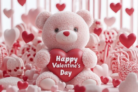 3w 3D pink teddy bear holding a heart, with red and pink hearts in the background and the text "Happy Valentine's Day" in a white color theme. --ar 3:2 